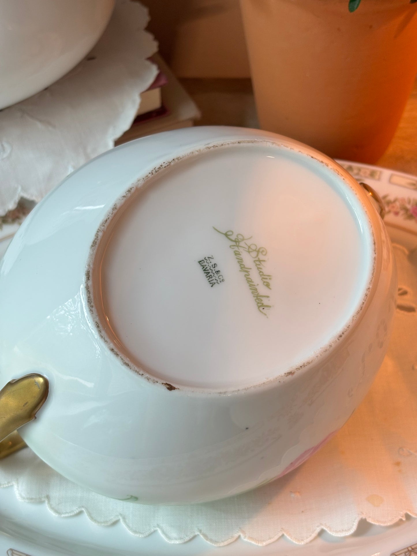Porcelain Pink Green Floral Lidded Dish