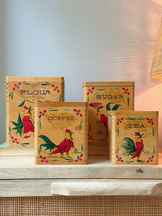 Vintage 1950s Wooden Rooster Canister Set