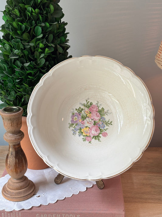 Floral Serving Bowl with Gold Trim