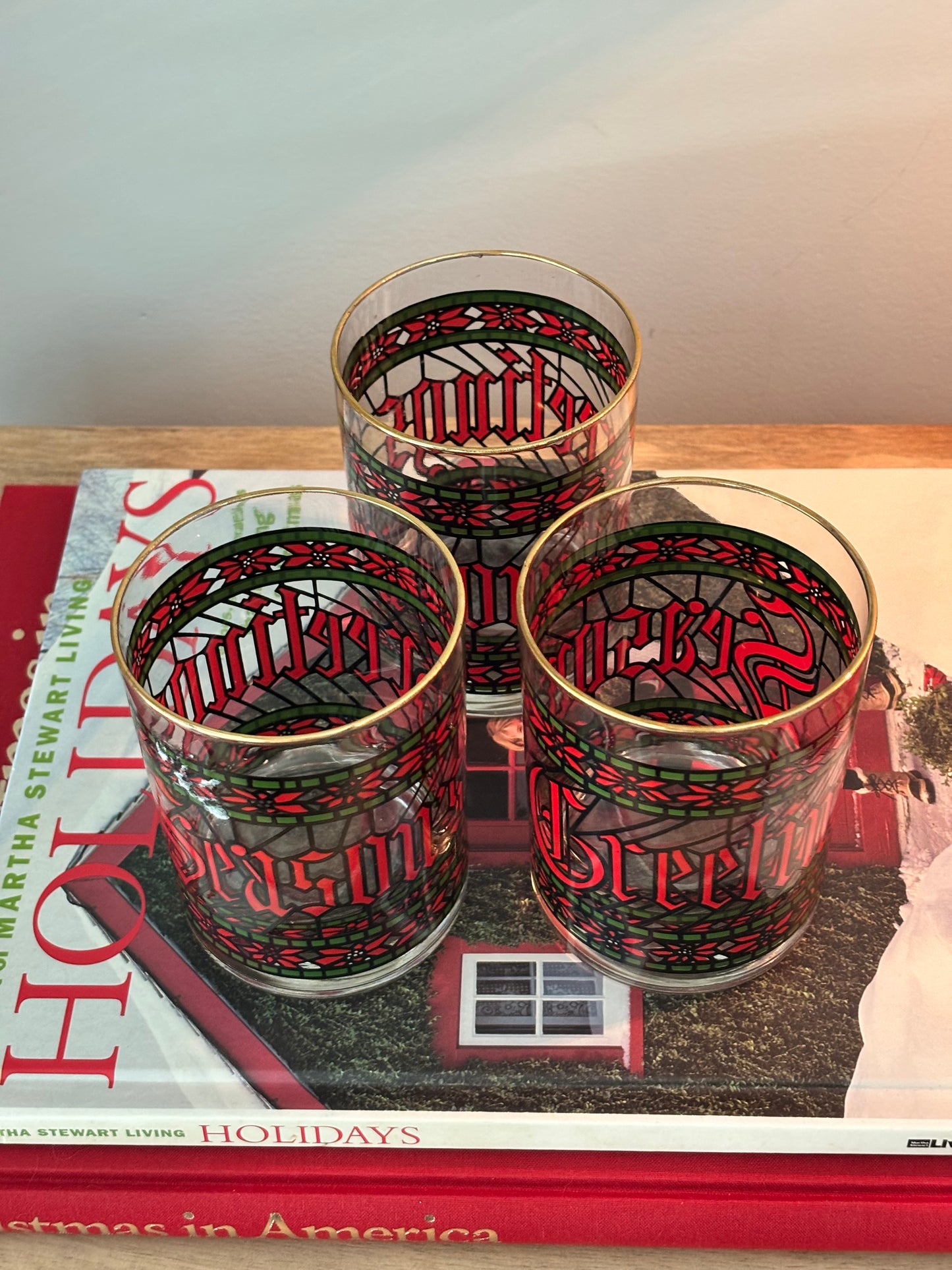 Set of 3 1970s Seasons Greetings Stained Glass Tumblers