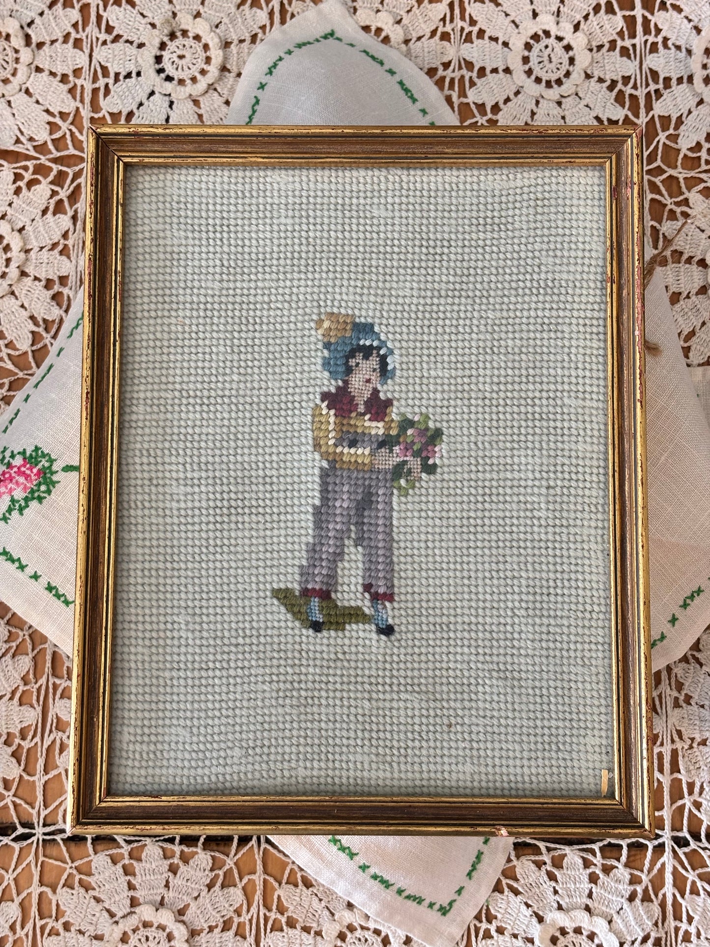 Vintage Colonial Boy Framed Needlepoint