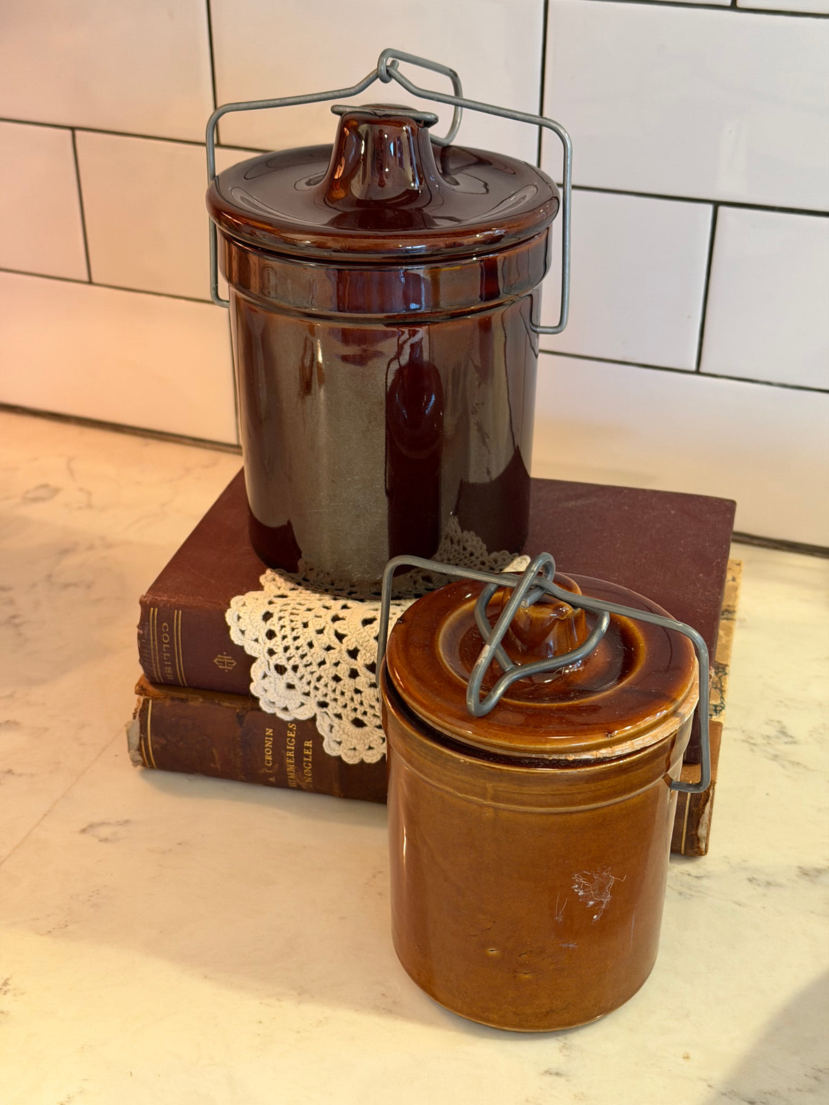 Vintage Brown Clamp Lid Crocks