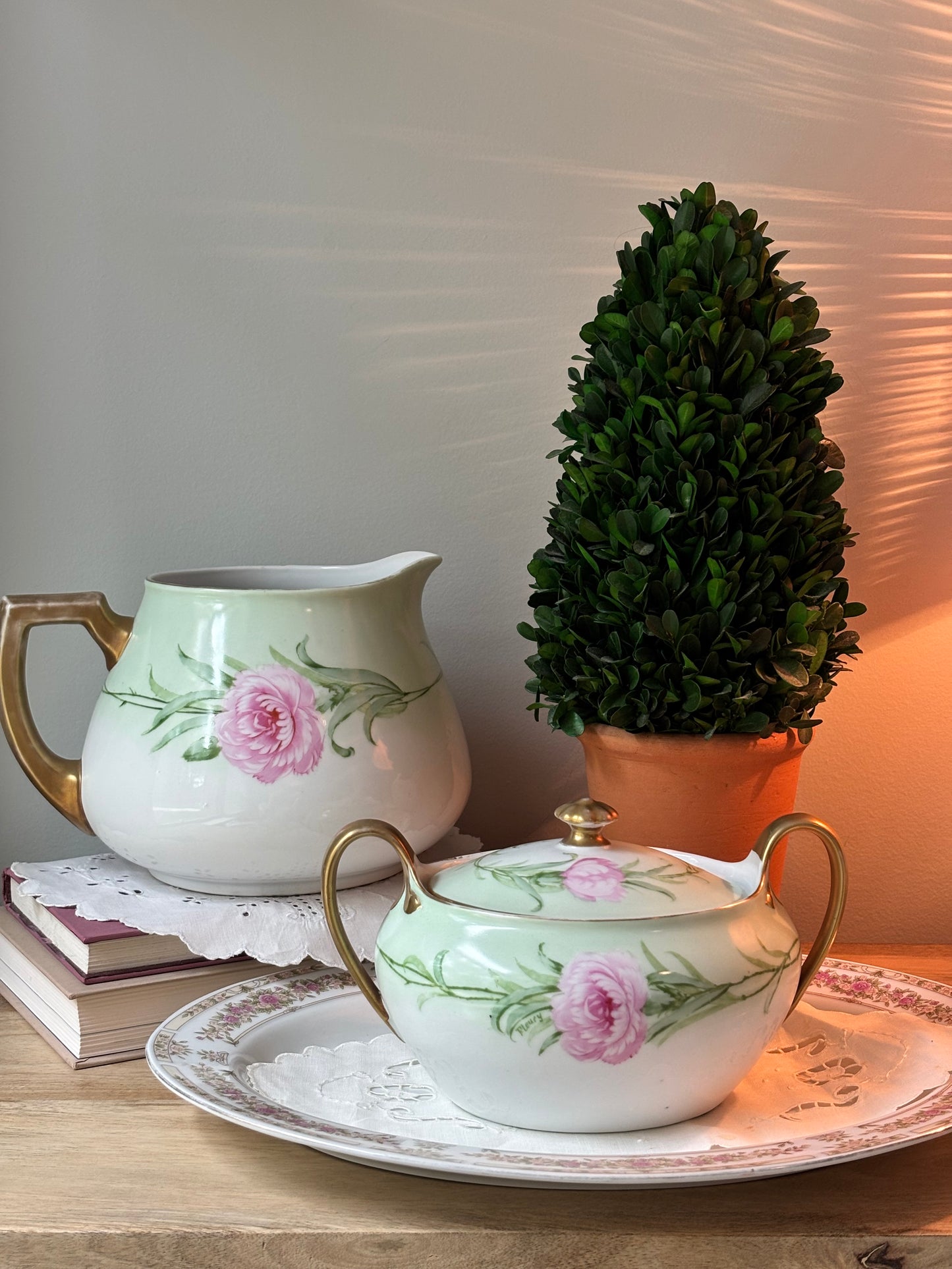 Porcelain Pink Green Floral Pitcher