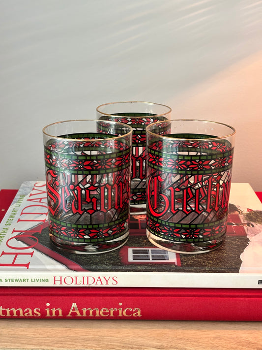 Set of 3 1970s Seasons Greetings Stained Glass Tumblers