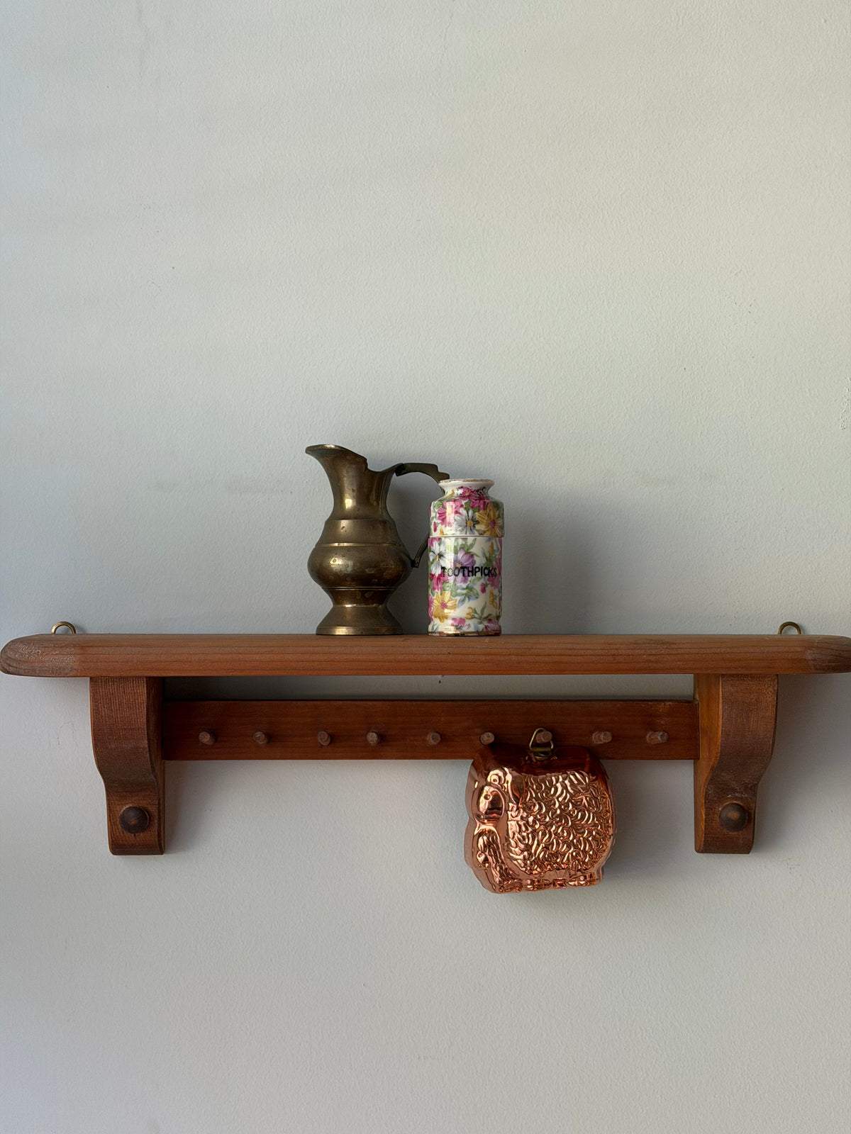 Vintage Wooden Wall Shelf with Pegs