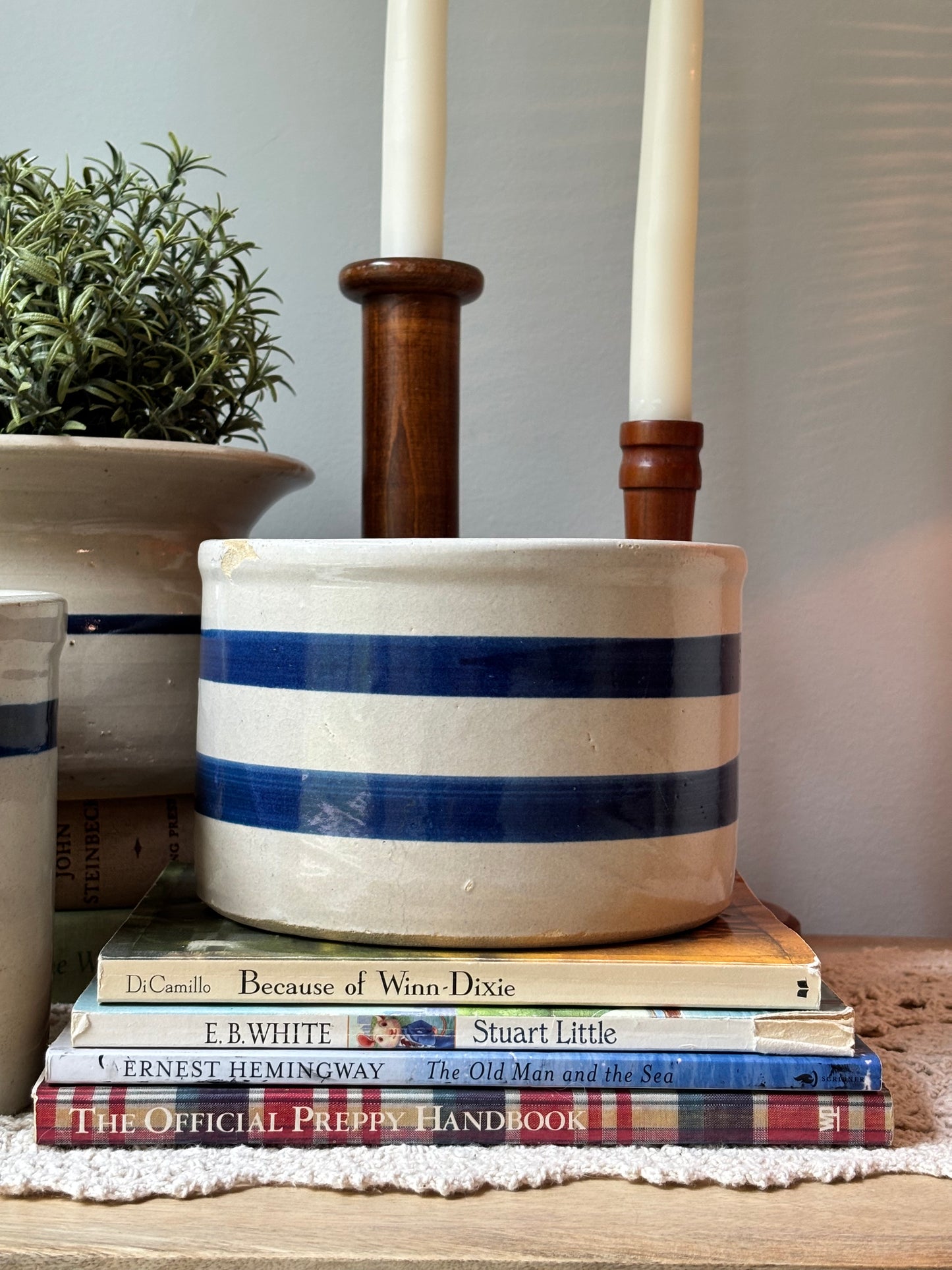 Vintage Blue Striped Roseville Crock