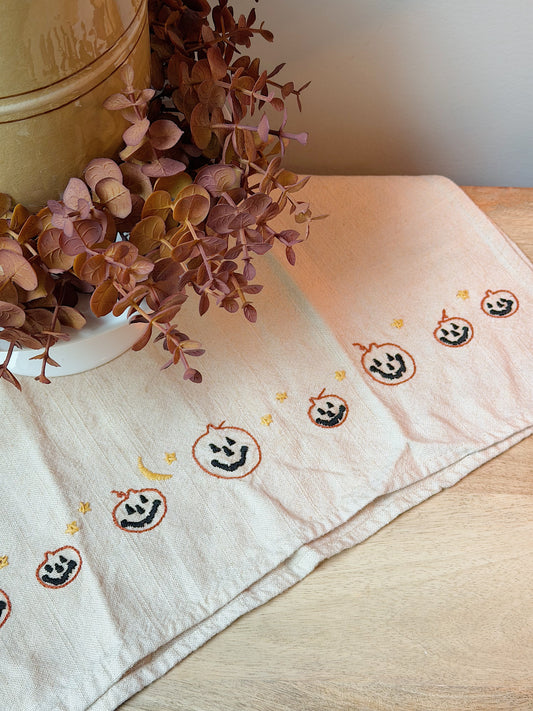 Linen Jack-O-Lantern Embroidered Tea Towel