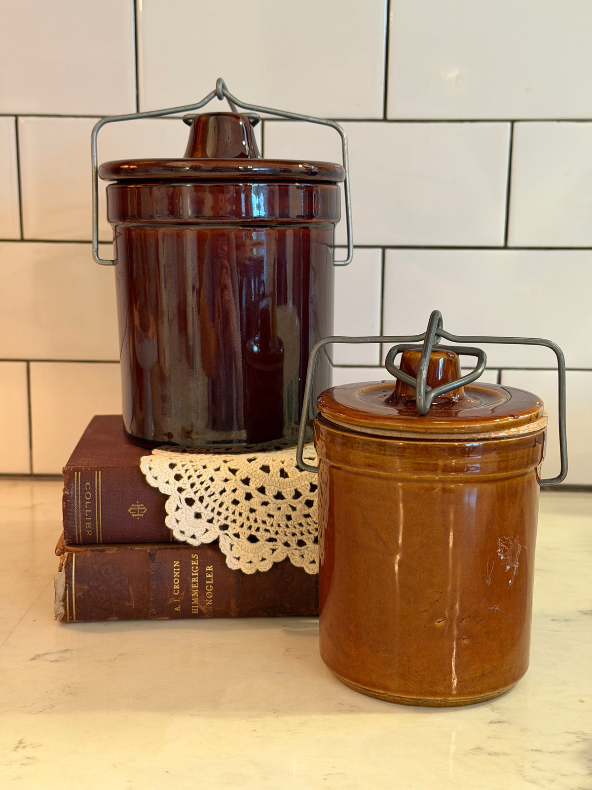 Vintage Brown Clamp Lid Crocks