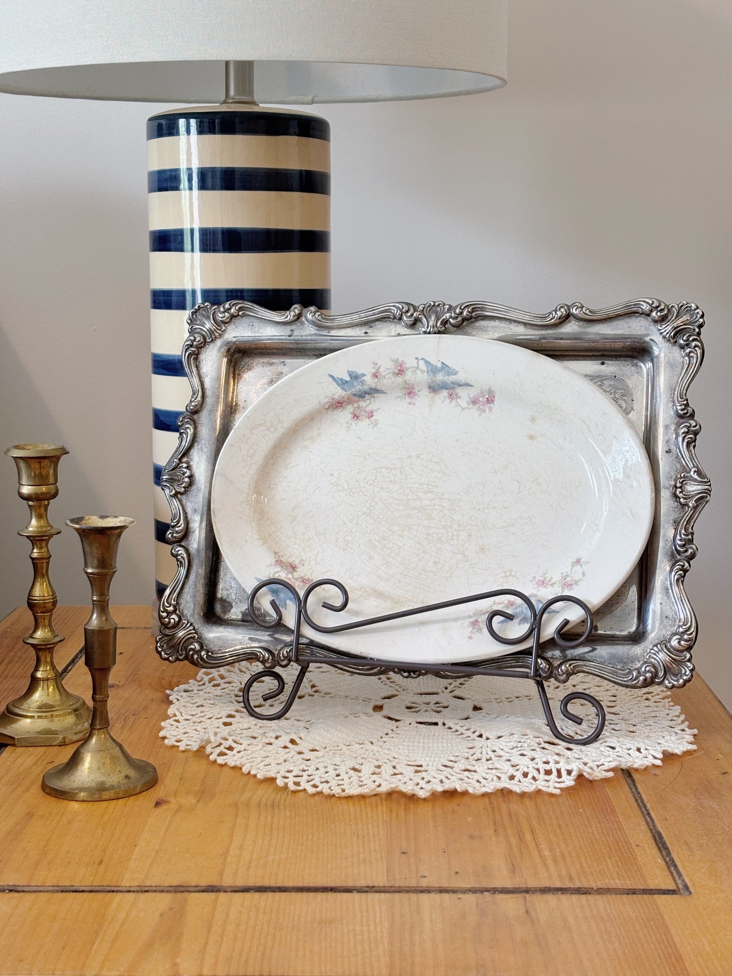 Vintage Floral Blue Bird Ironstone Platter
