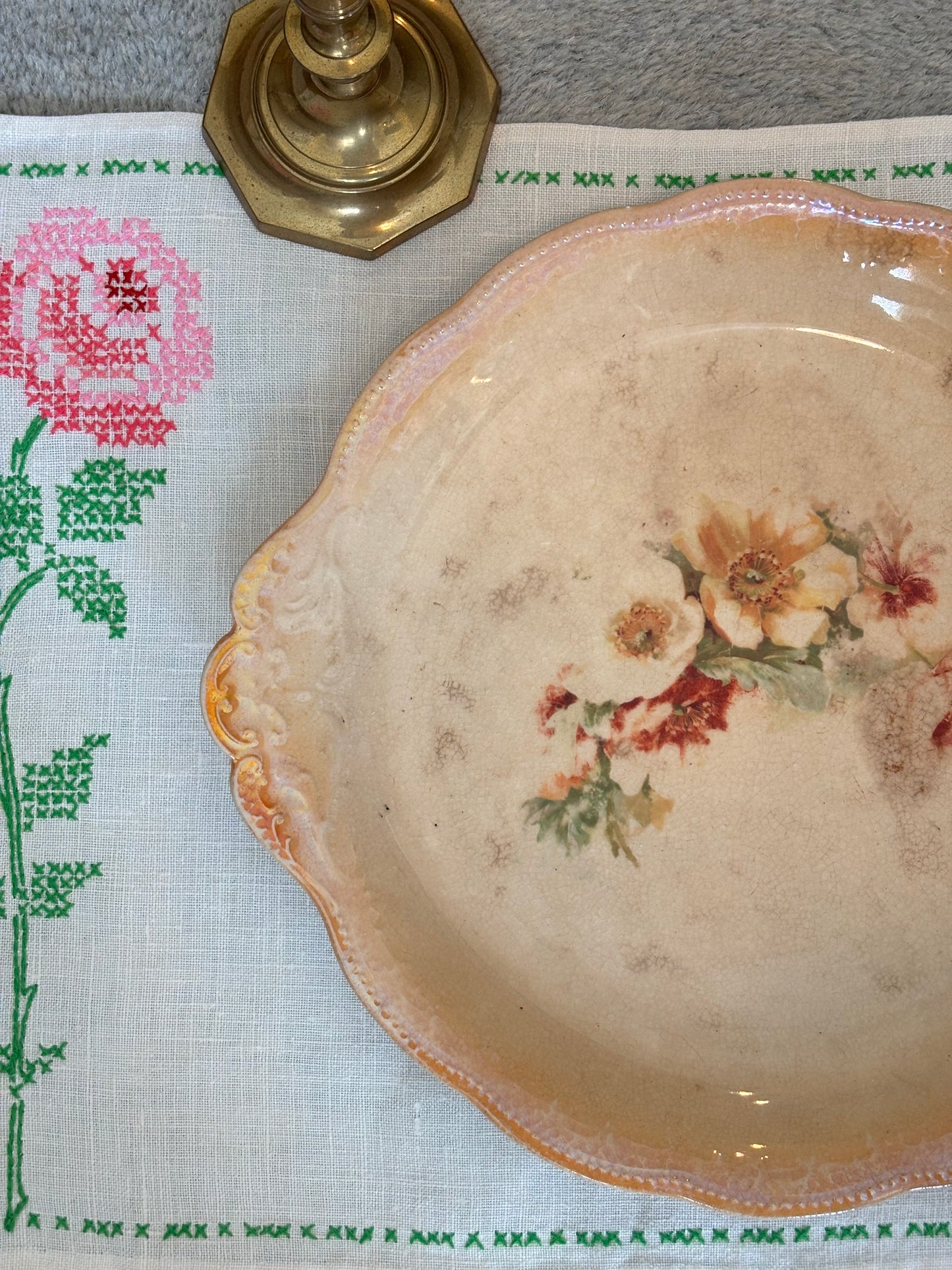 Vintage Floral Peach Crazed Plate
