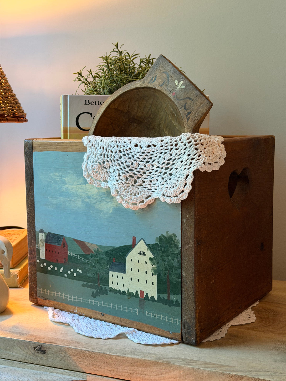 Vintage Country Hand Painted Wooden Heart Box