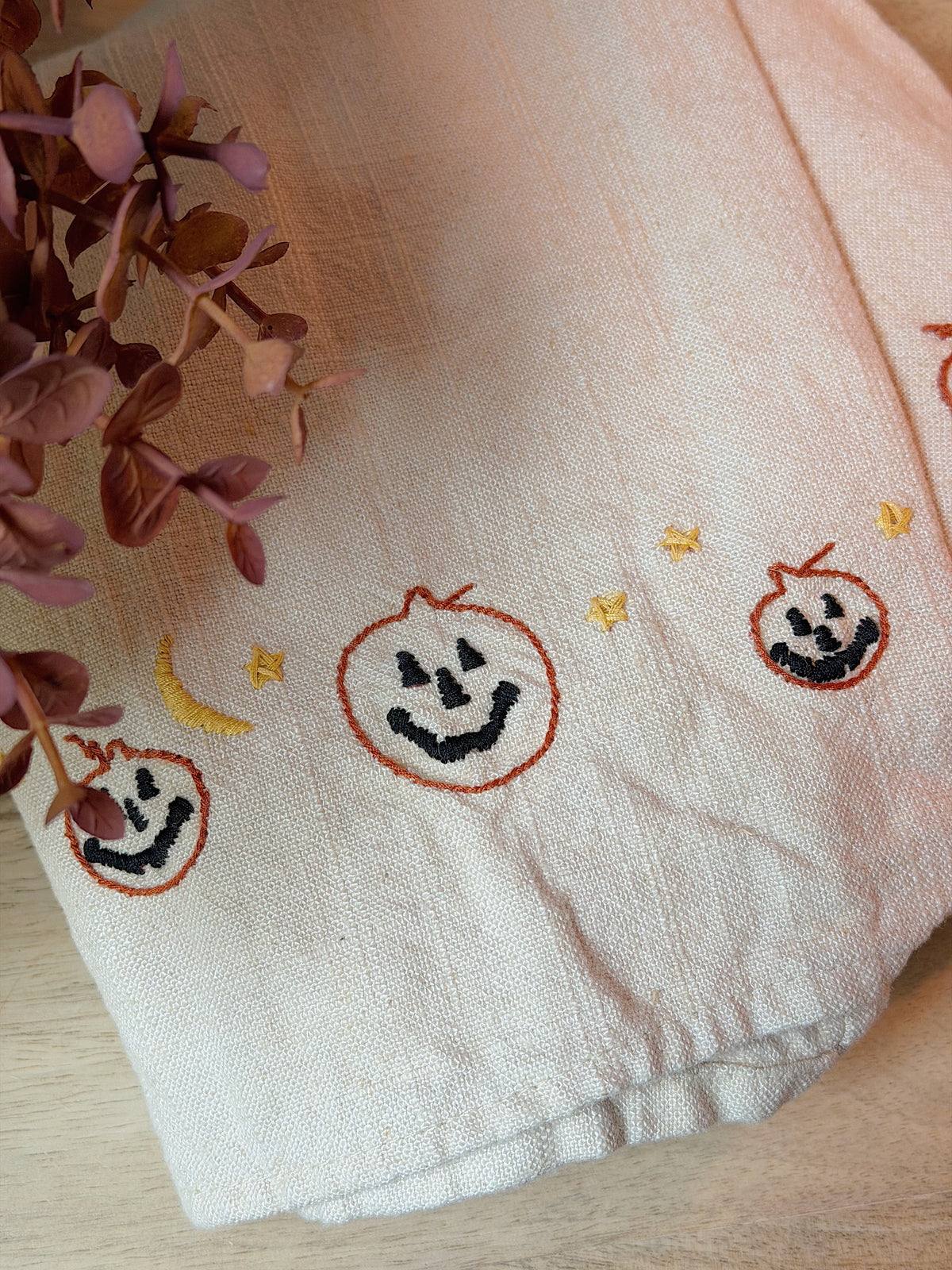 Linen Jack-O-Lantern Embroidered Tea Towel