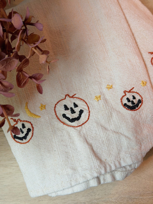 Linen Jack-O-Lantern Embroidered Tea Towel