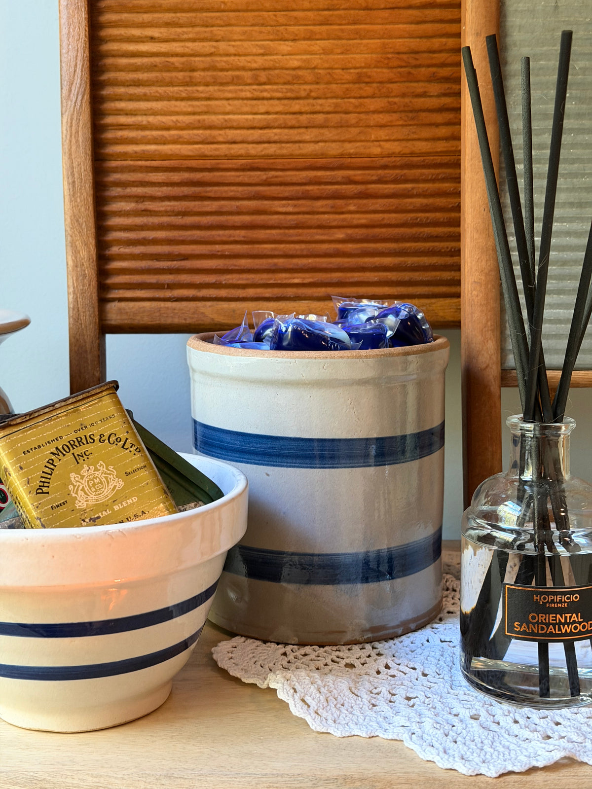 Blue Striped Pottery Crock