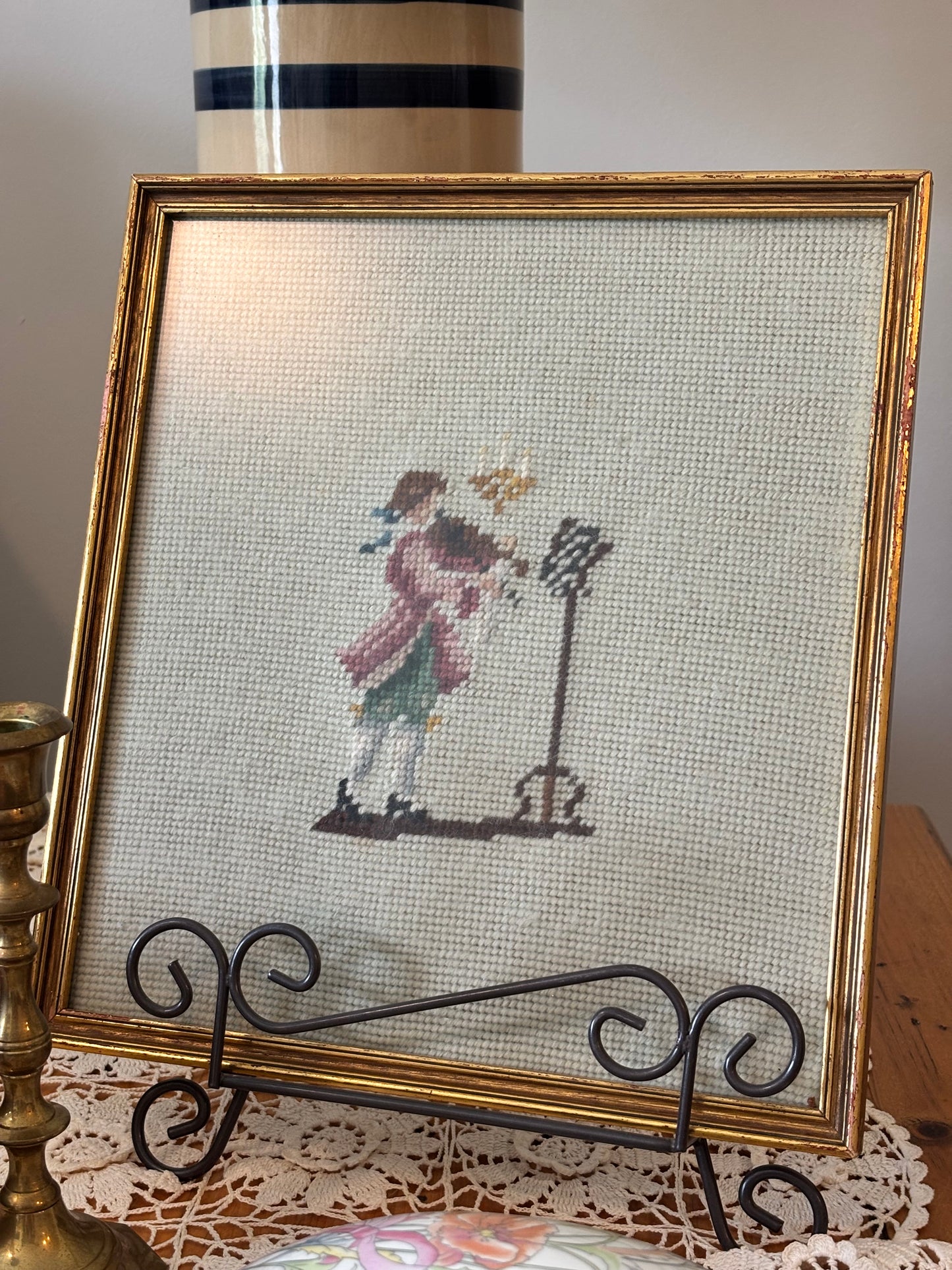 Vintage Colonial Man Framed Needlepoint