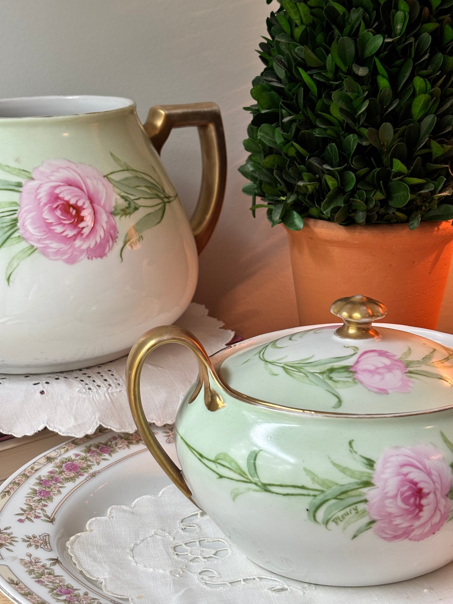 Porcelain Pink Green Floral Lidded Dish