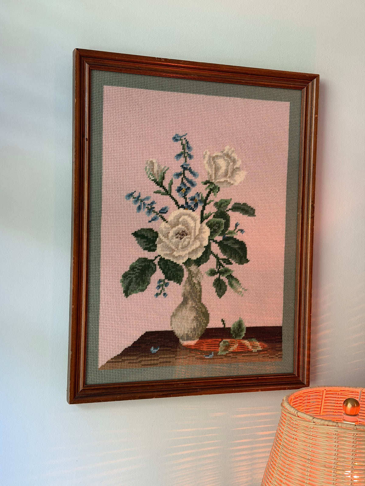 Pink and Sage Framed Floral Needlepoint