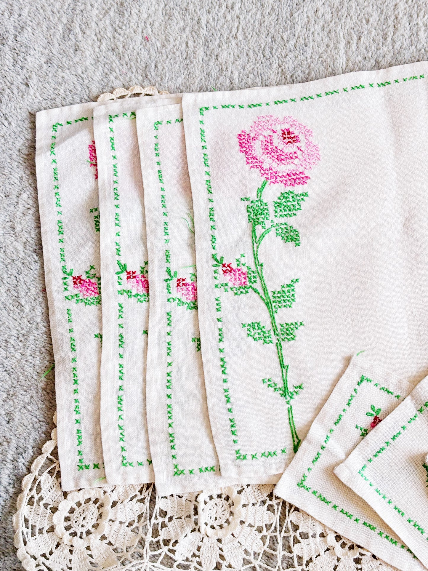 Vintage Floral Cross Stitch Linens