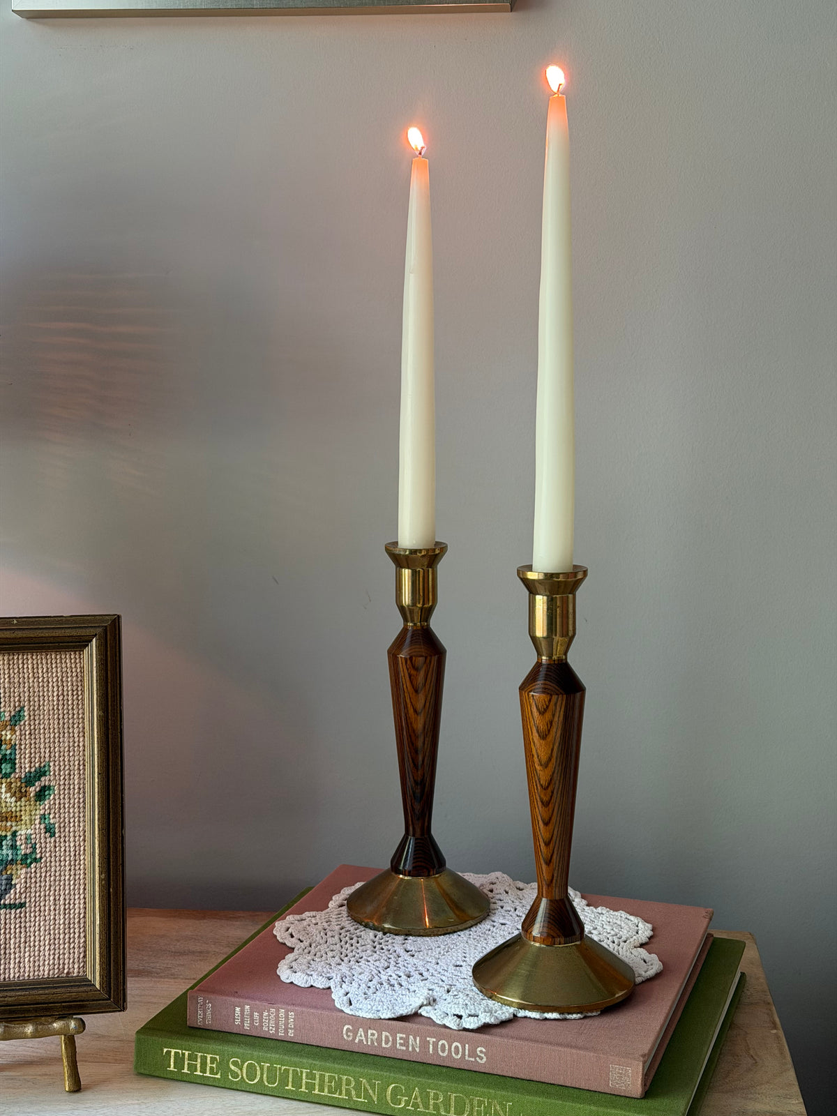 Set of 2 Wood & Brass Candle Stick Holders