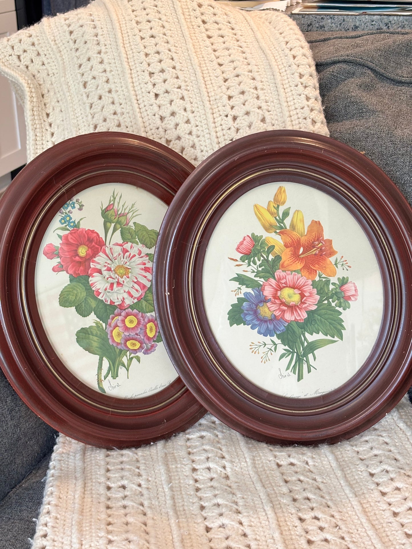 Vintage 1940s Benoit Chirat Framed Oval Botanicals