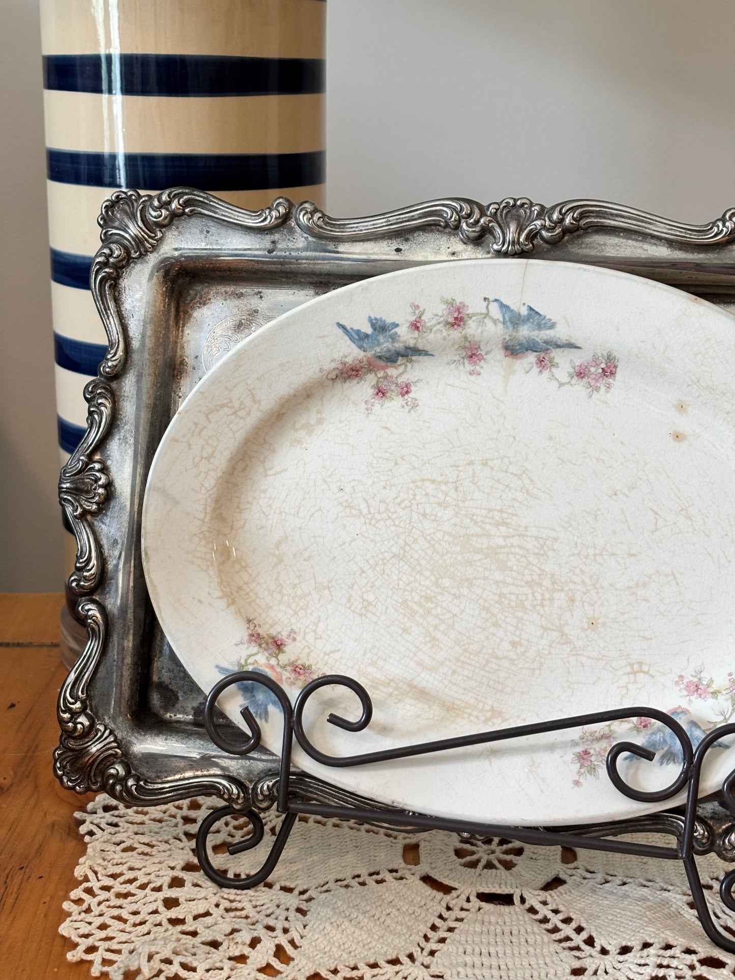 Vintage Floral Blue Bird Ironstone Platter