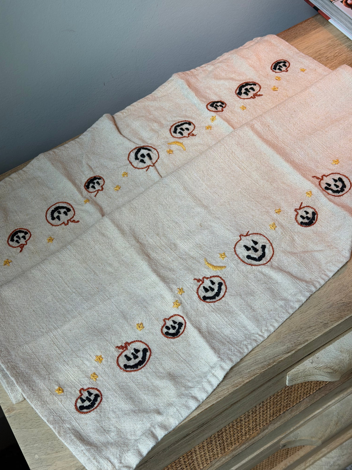 Linen Jack-O-Lantern Embroidered Tea Towel