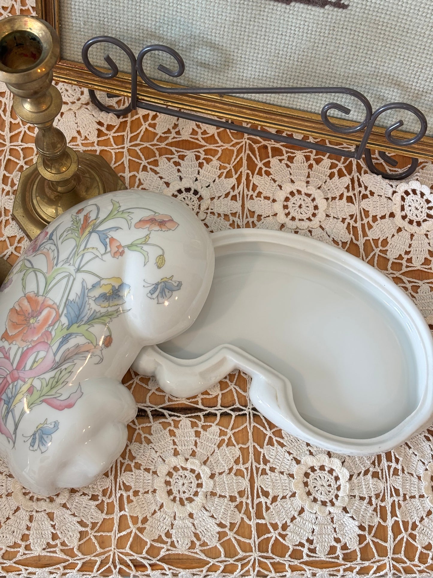 Vintage Porcelain Floral Sleeping Dog Trinket Dish