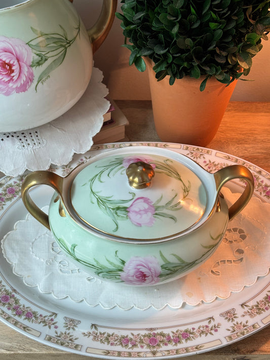Porcelain Pink Green Floral Lidded Dish