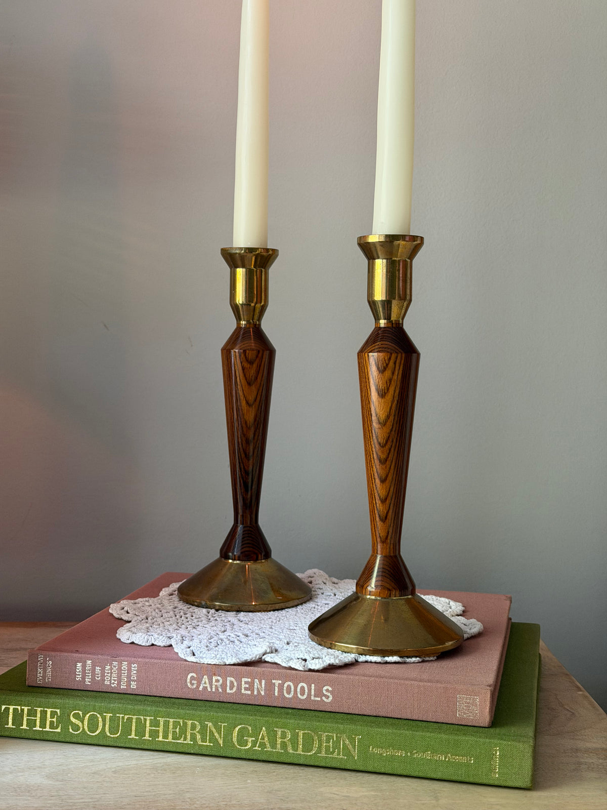 Set of 2 Wood & Brass Candle Stick Holders