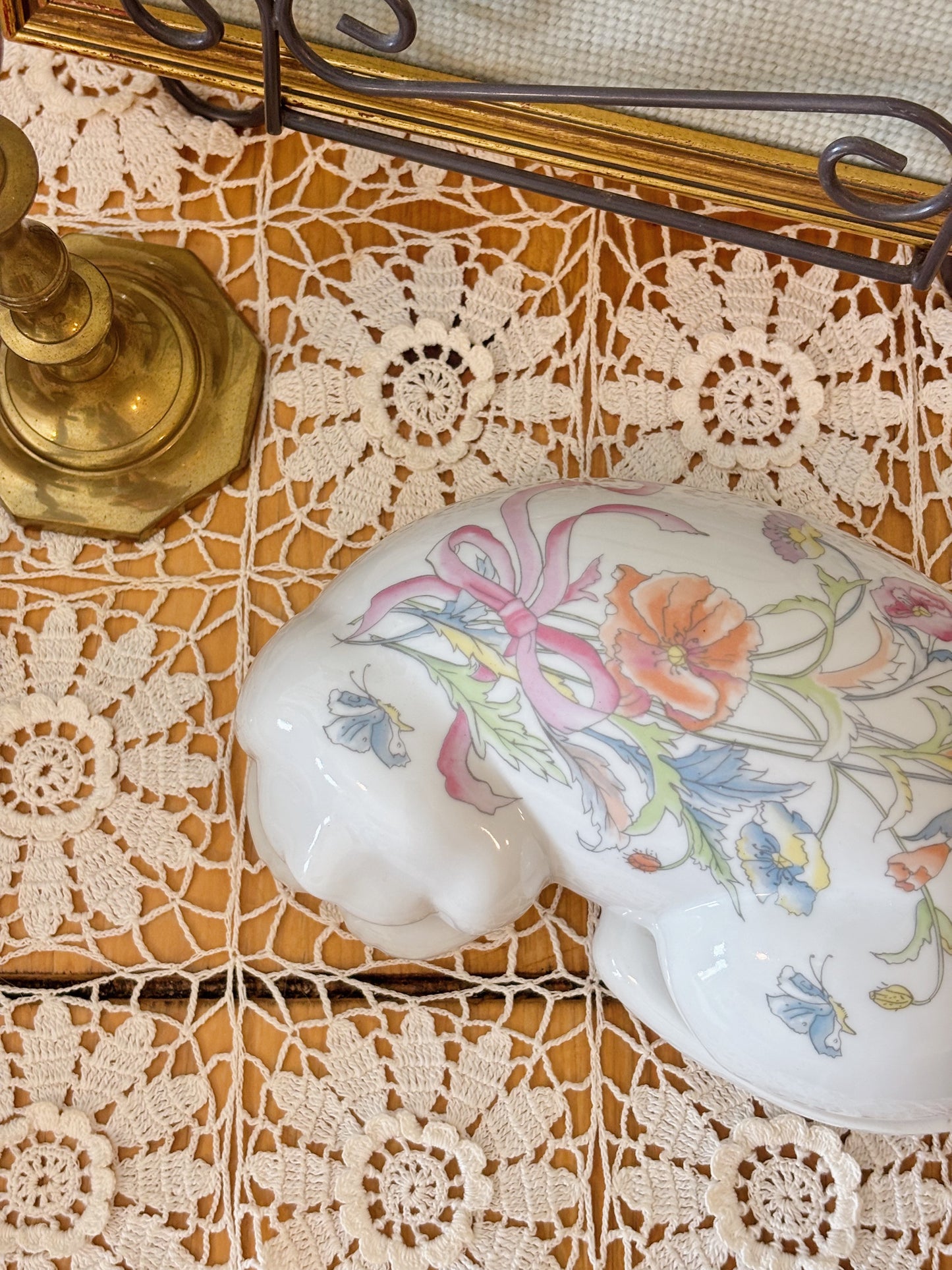 Vintage Porcelain Floral Sleeping Dog Trinket Dish