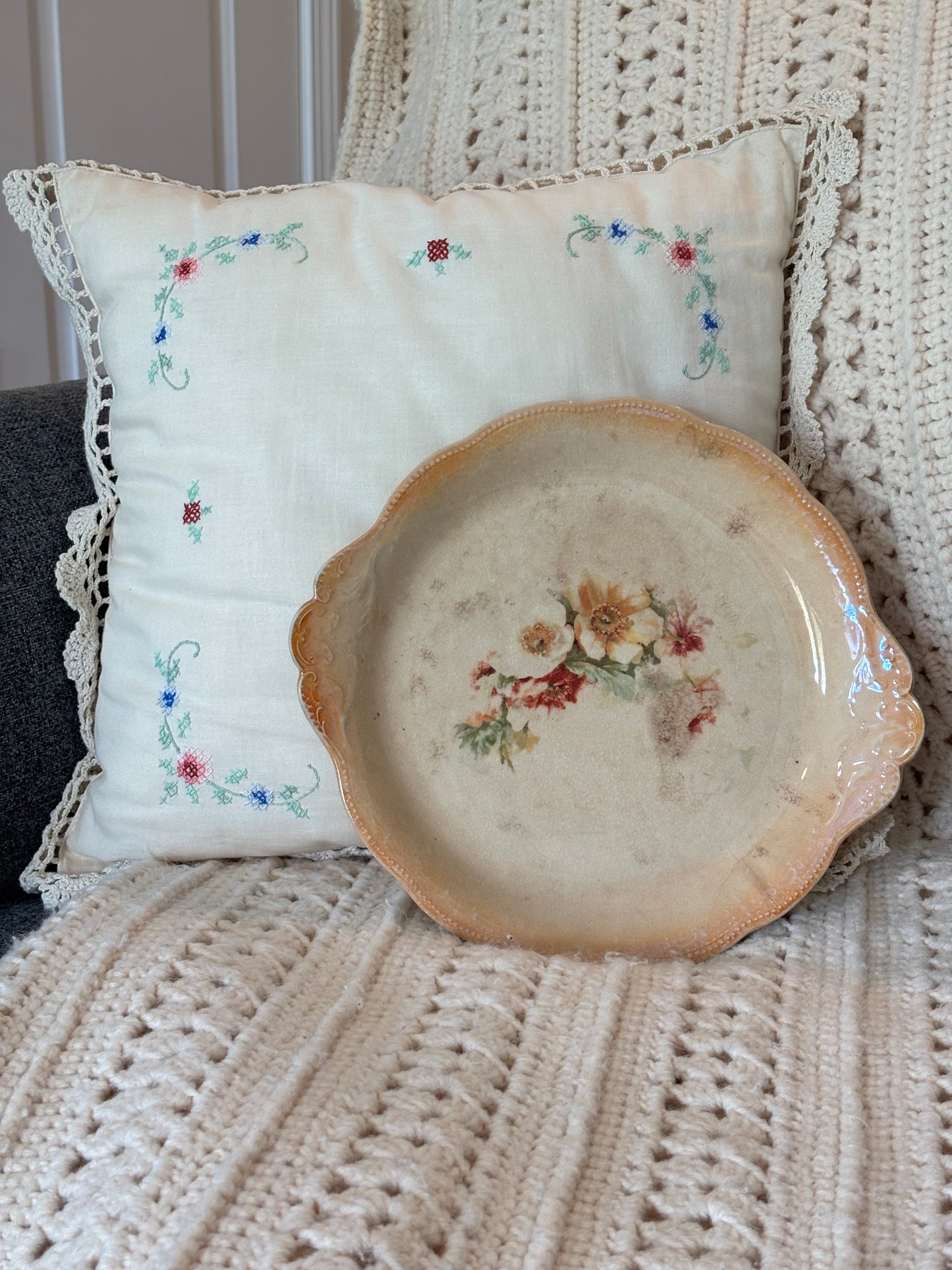 Vintage Floral Peach Crazed Plate