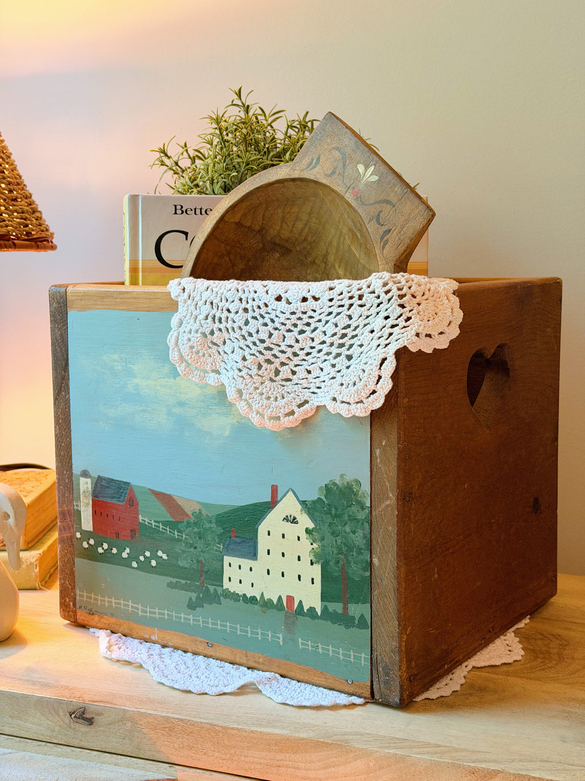 Vintage Country Hand Painted Wooden Heart Box