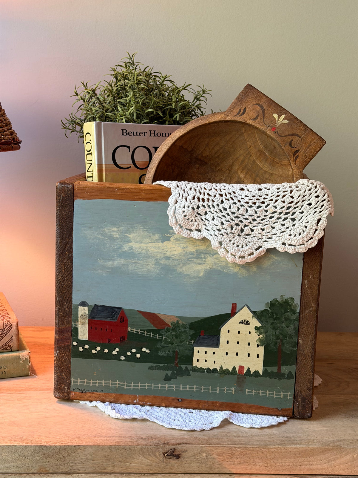 Vintage Country Hand Painted Wooden Heart Box