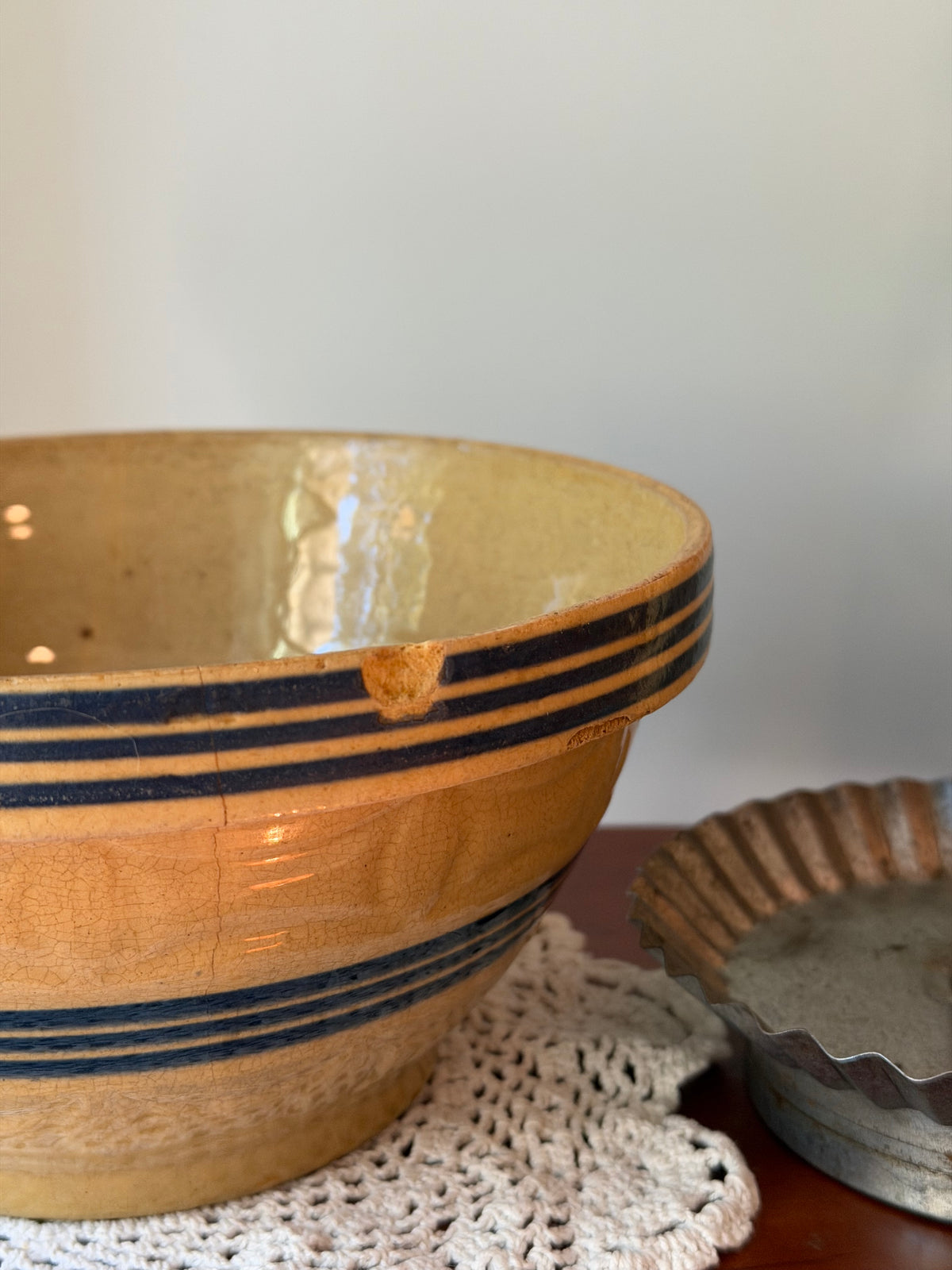 Blue Striped Yellow Ware Bowl