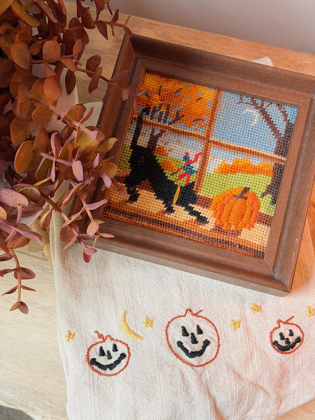 Vintage Black Cat Halloween Framed Needlepoint