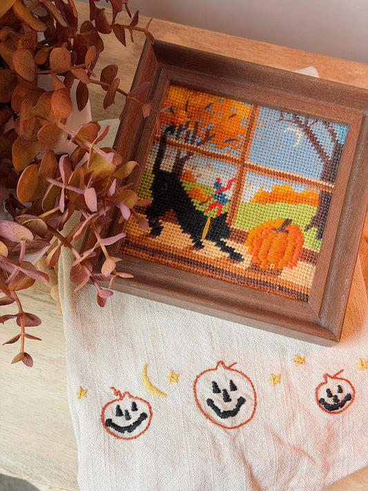 Vintage Black Cat Halloween Framed Needlepoint