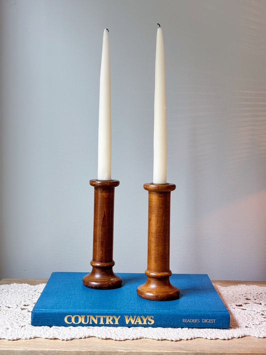 Set of Vintage Wooden Bobbin Candle Stick Holders