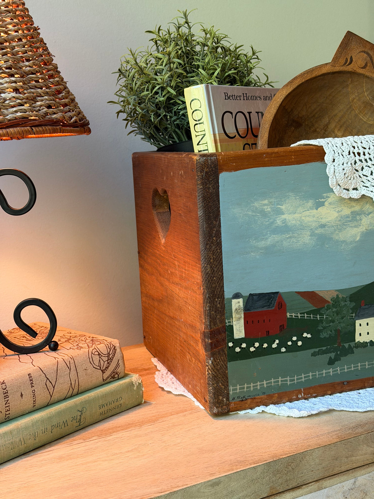 Vintage Country Hand Painted Wooden Heart Box
