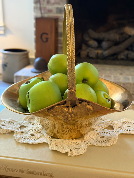 Vintage Brass Basket with Grape Handle