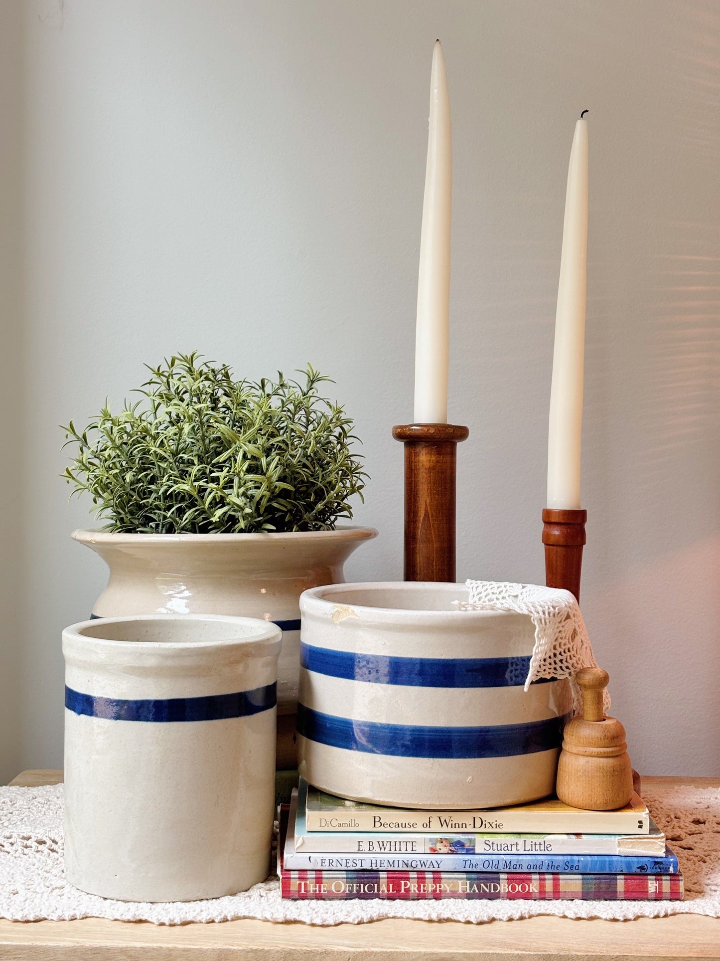 Vintage Blue Striped Roseville Crock