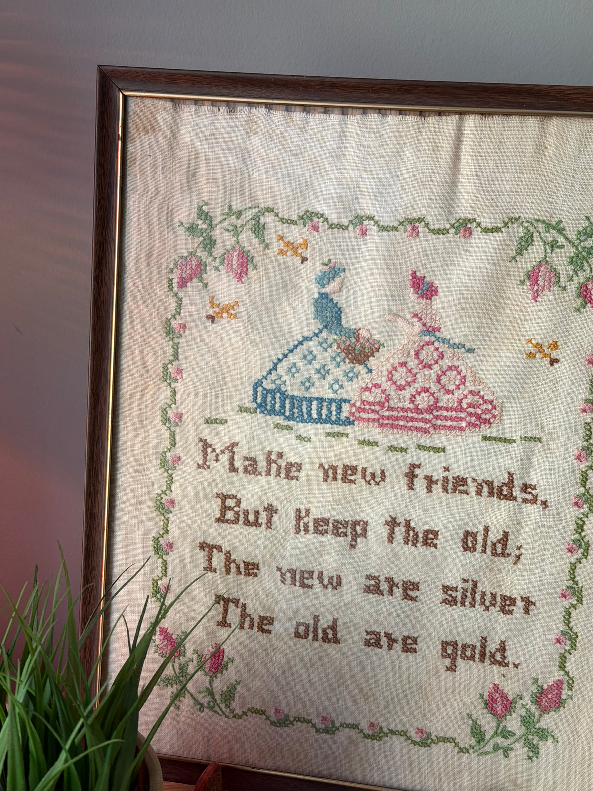 Make New Friends Vintage Framed Cross Stitch