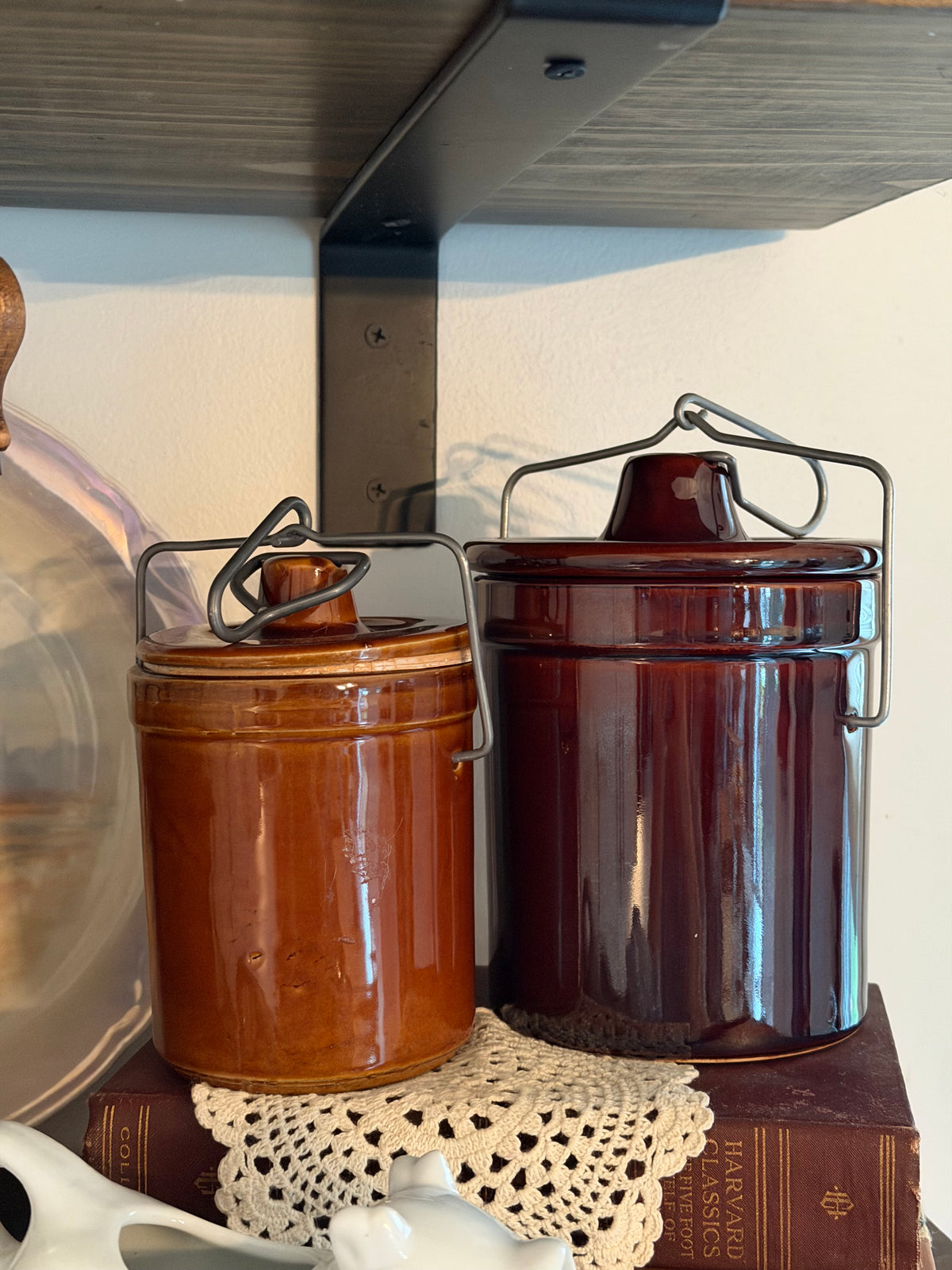 Vintage Brown Clamp Lid Crocks