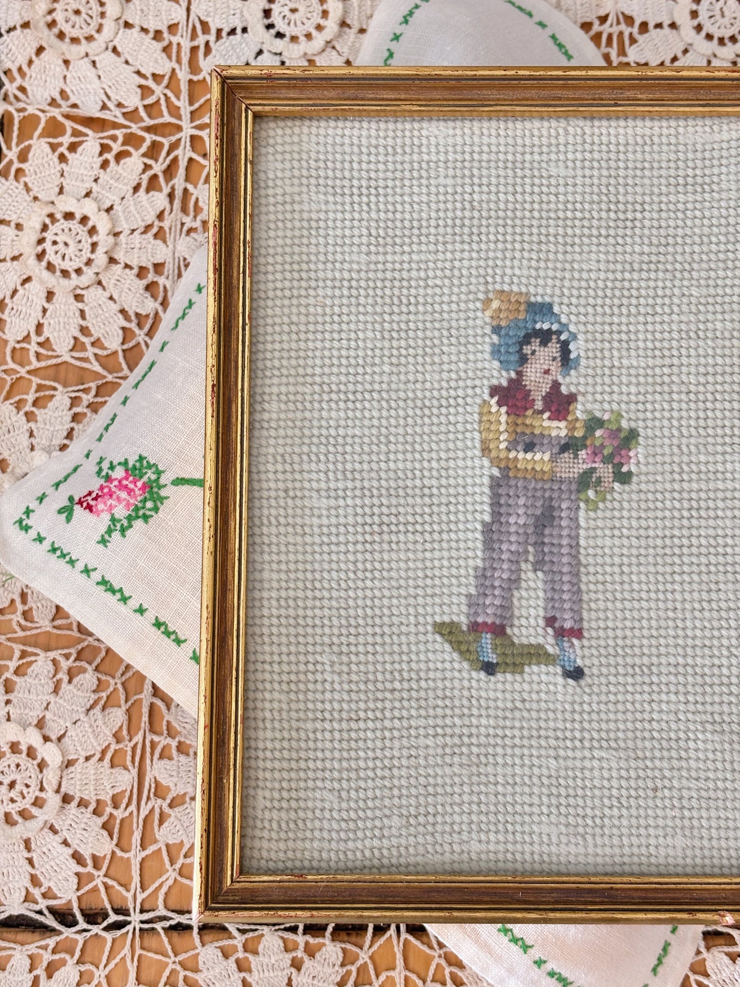 Vintage Colonial Boy Framed Needlepoint