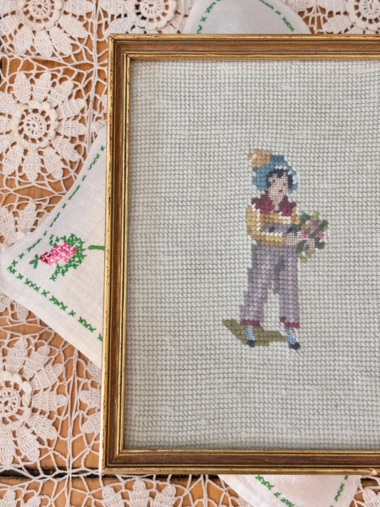 Vintage Colonial Boy Framed Needlepoint