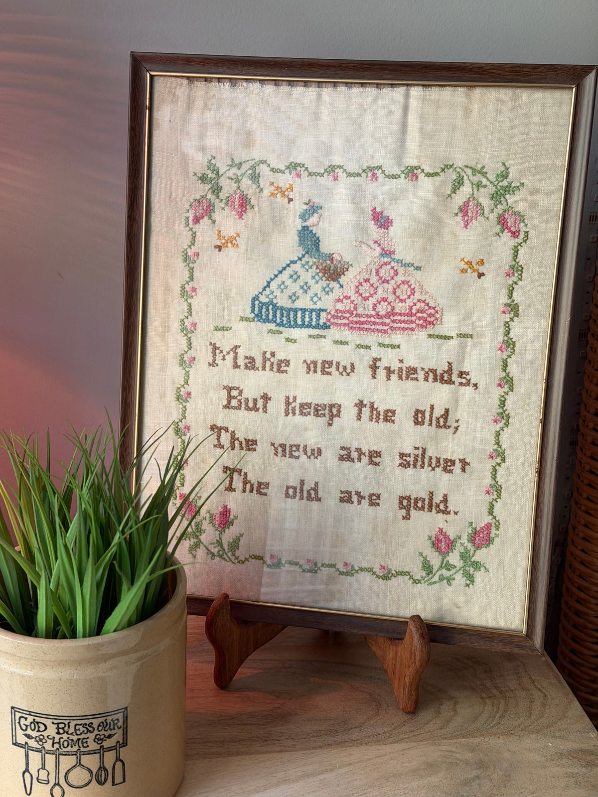 Make New Friends Vintage Framed Cross Stitch