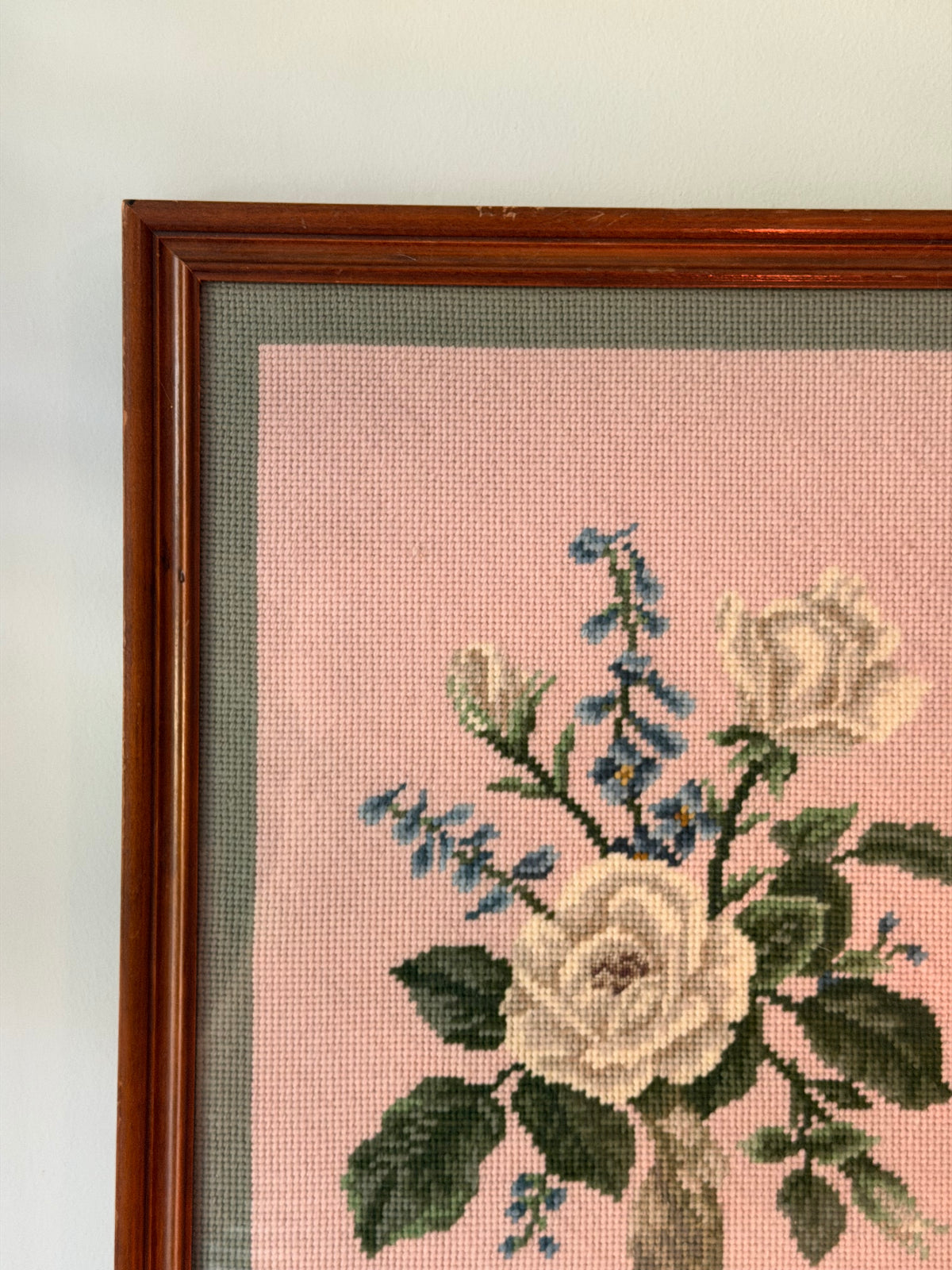 Pink and Sage Framed Floral Needlepoint