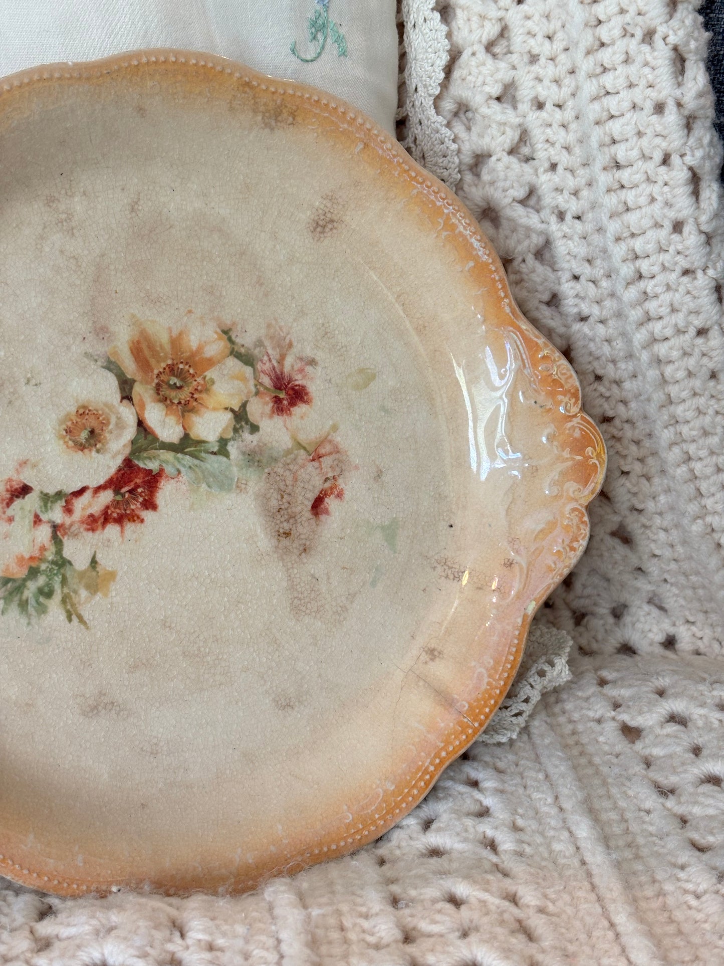 Vintage Floral Peach Crazed Plate