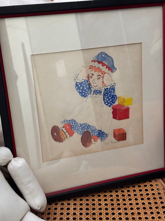 Vintage Raggedy Ann Framed Watercolor