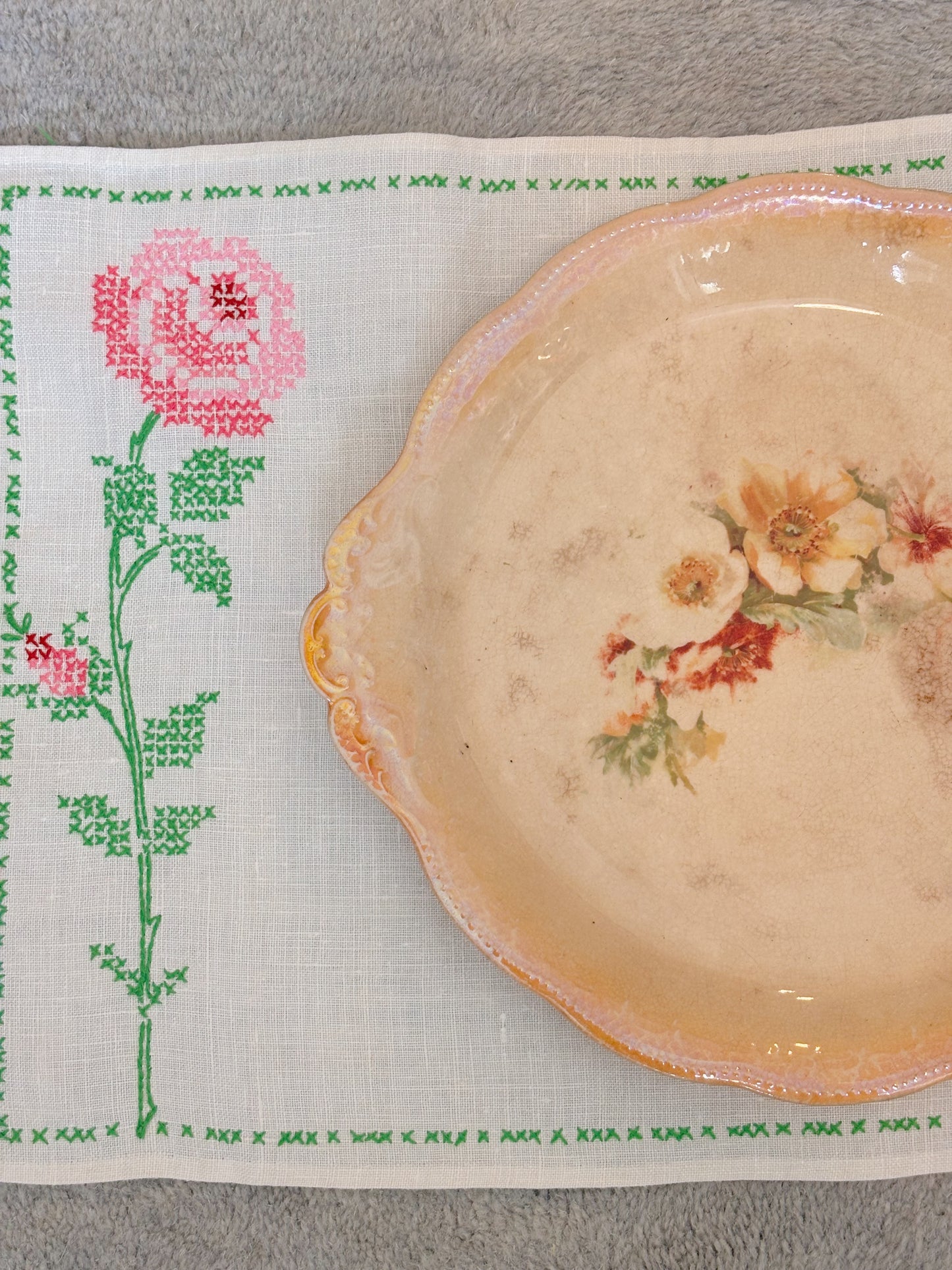 Vintage Floral Peach Crazed Plate