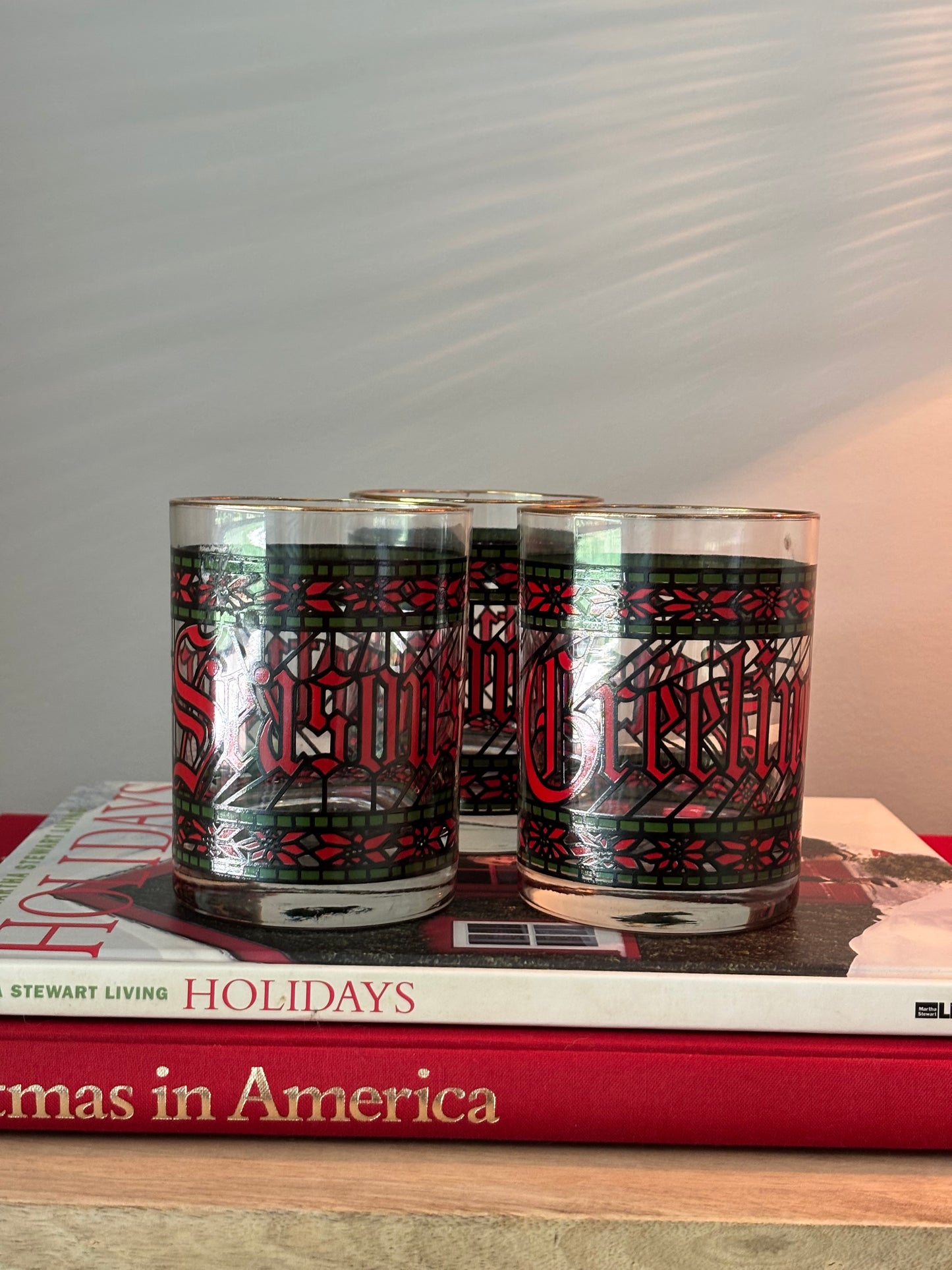 Set of 3 1970s Seasons Greetings Stained Glass Tumblers